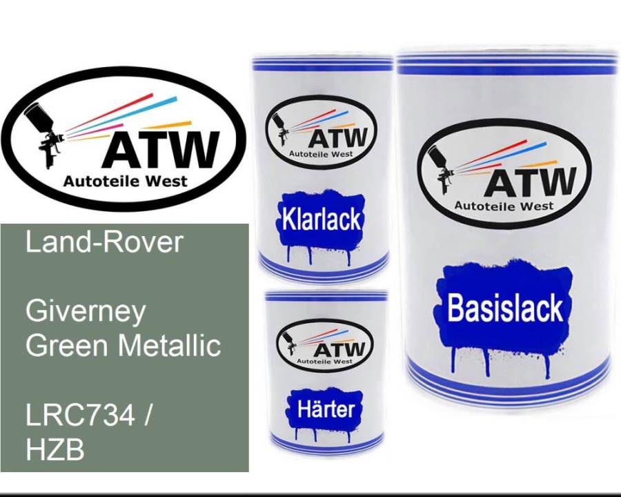 Land-Rover, Giverney Green Metallic, LRC734 / HZB: 500ml Lackdose + 500ml Klarlack + 250ml Härter - Set, von ATW Autoteile West.